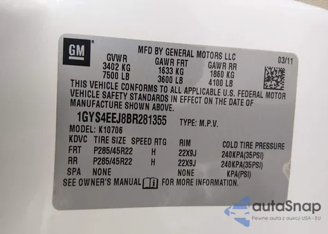 2011 Cadillac Escalade Hybrid Standard z USA, uszkodzony, nr VIN 1GYS4EEJ8BR281355